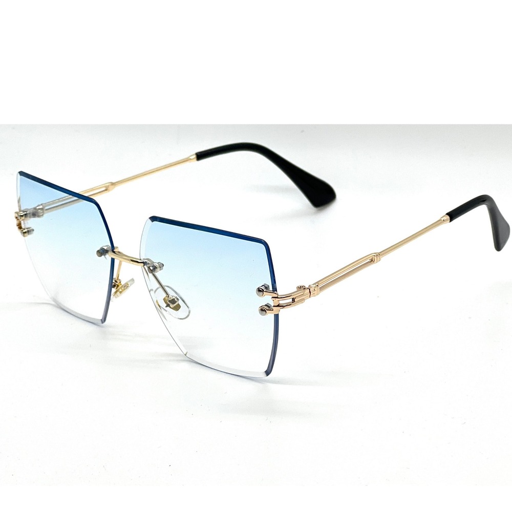 Rimless Sunglasses Women Fashion Square Blue Tinted Lens Gold Accents Luxury New